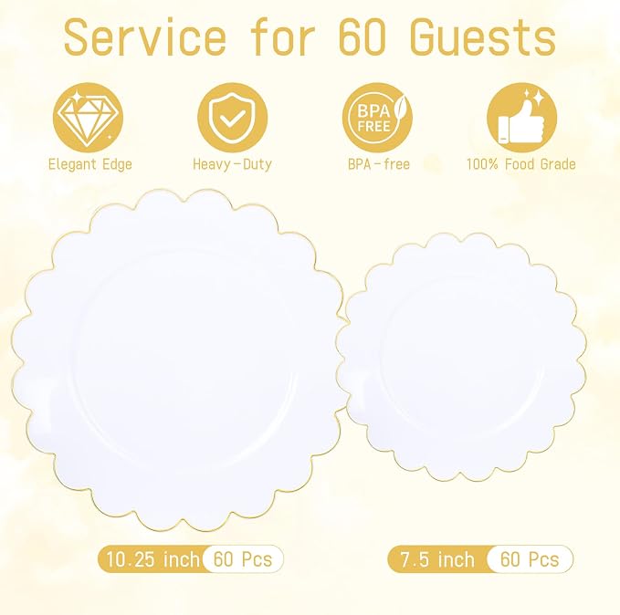 LIYH 120 Pcs White Plastic Scalloped Plates - Gold Fancy Disposable Plastic Plates Includes 60 Dinner 10.25" & 60 Dessert Plate 7.5" Elegant Gold Rim for Party Birthday Day