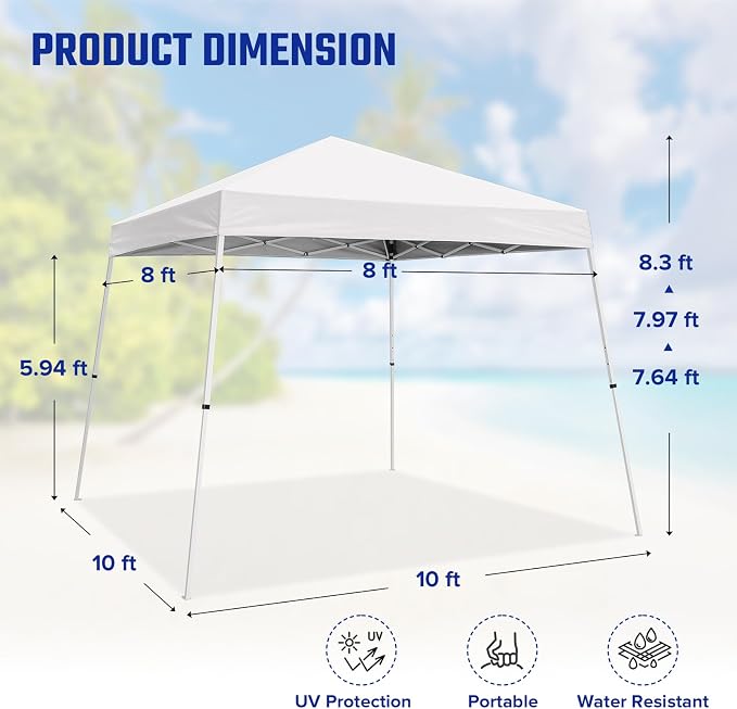 10x10 Pop Up Canopy Tent with Carry Bag, Slant Leg Instant Shade Shelter for Outdoor Events, Camping, Sports, Parties, White