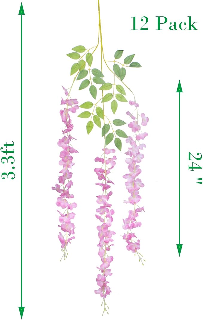 AITISOR 12 Pack Artificial Flowers Silk Wisteria Vine Ratta Hanging Flower (Pink)