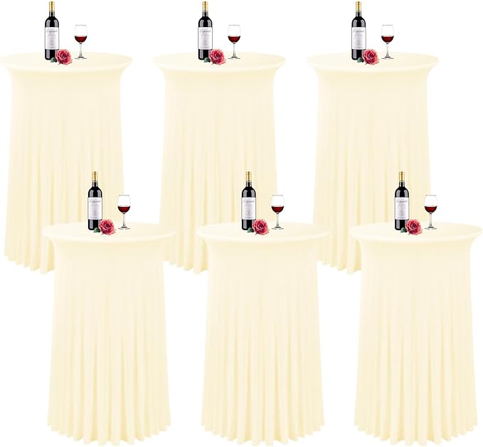6 Packs 32"x 43" Round Cocktail Table Skirt, Spandex Fitted High Top Table Skirt, Spandex Stretch Cocktail Tablecloth for Wedding Party Bar Banquet Birthday Tables(Beige)