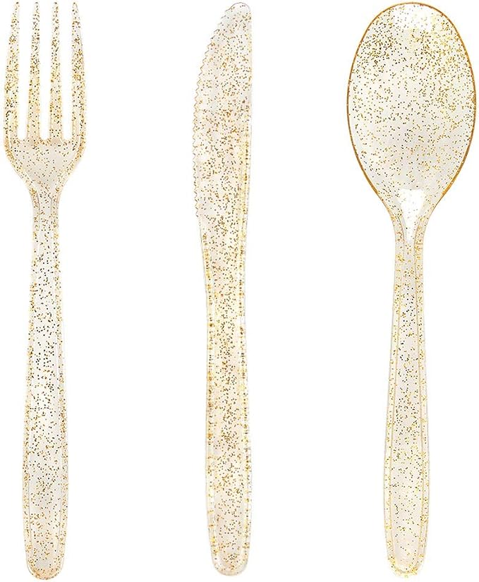 WDF 360 Gold Plastic Silverware - Disposable Gold Glitter Cutlery - Plastic Silverware inluding 120Forks, 120 Spoons, 120 Knives for Wedding Baby Shower Spring Birthday