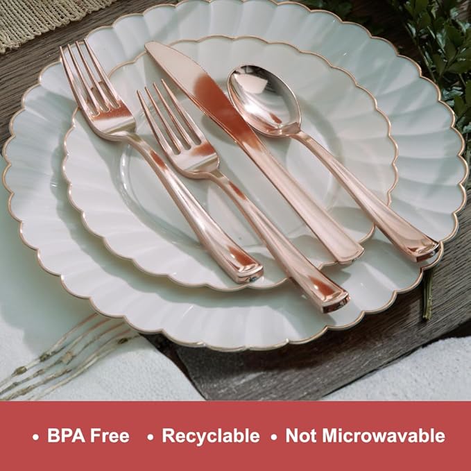 By Madee HEAVYWEIGHT 175 Pc Fancy Disposable Dinnerware Set | Ivory Scalloped Rose Gold Plates and Napkins, Cutlery | Elegant Disposable Plates Set for Wedding, Bridal Shower, Baby Shower (25 Guests)