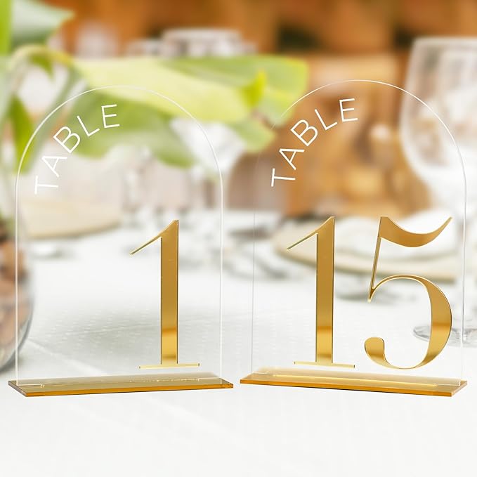 Arch Wedding Table Numbers 1-15 with Stand,15 Pack 5x7 Inch Clear Arch Acrylic Sign with Gold Number, Clear and Gold Acrylic Table Numbers for Wedding Reception