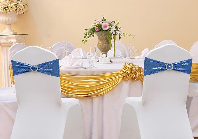 Sequins Baby Blue Chair Sashes 100 Pack Blue Chair Bands with Buckles Bows Ties for Party Wedding Birthday Ceremony Baby Shower Banquets Event Christmas Decorations