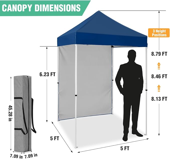 5x5 Pop Up Canopy Tent with One Sidewall, Instant Portable Beach Canopy, Outdoor Tent with Carry Bag for Camping, Sports, Tailgating, Events, Dark Blue