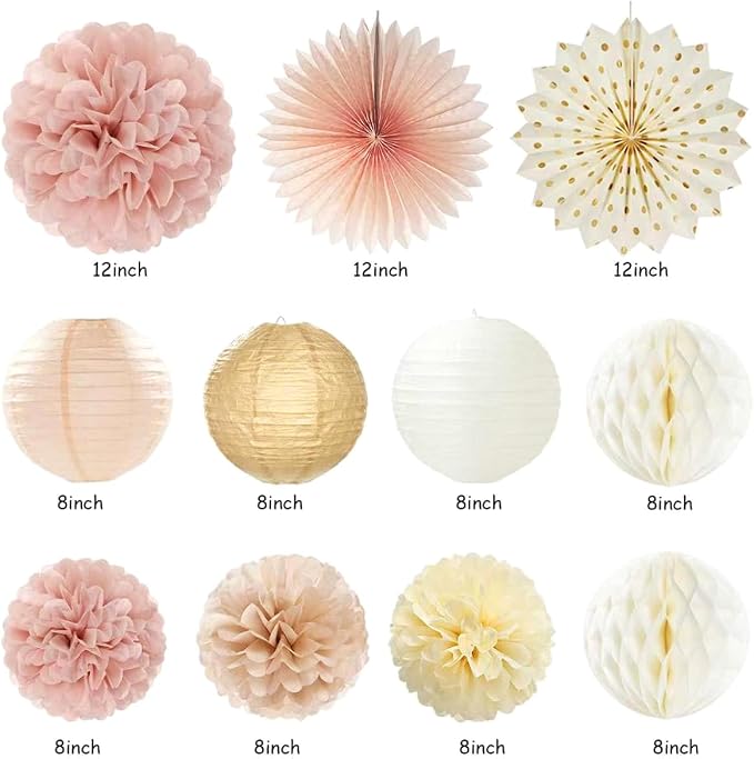Beige Champagne Rose Gold Women-Girls Birthday Decorations - 21pcs Fall Boho Party Happy Banner, Peach Streamers,Paper Lanterns,Pom Poms Fans 16th 18th 20th 21st 30th Birthday Rustic Backdrop Huglony