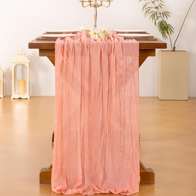 Socomi 6pcs Coral Peach Summer Cheesecloth Table Runner Boho Rustic Gauze 120 inch 10FT Cheese Cloth Sheer Runner for Wedding Party Baby Shower Birthday Home Decor Holiday Decorations