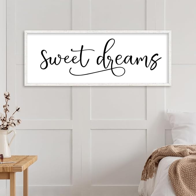 YWJKWLGS Sweet Dreams Wall Decor Signs Above Bed Bedroom Wall Art Over Bed | 40x15 Inch Farmhouse Handwritten Art Large Rustic White Wood Framed Master Guest Room Kids Room Wall Hanging