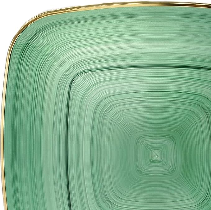 OCCASIONS 50 Green Disposable Dinner Plates (25 Guests) - Fancy Square Heavy Duty Plastic Dinnerware Set with Gold Rim for Wedding Party, 25x10" + 25x7" Salad/Dessert, BPA Free, Belize in Green & Gold
