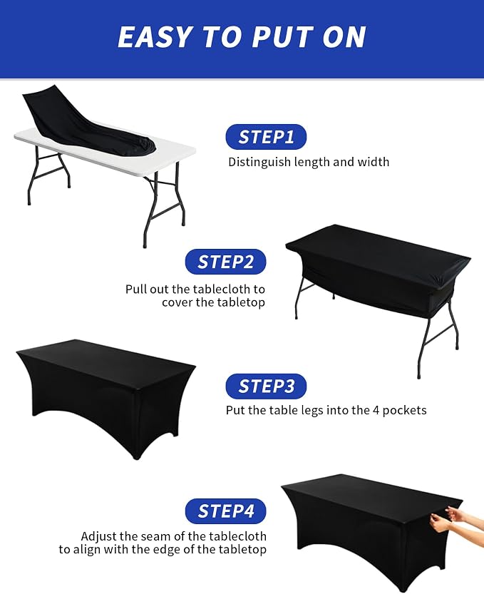 Fixwal Black Stretch Table Cloth Rectangle 2 Pack 4Ft, Spandex Fitted Table Covers Washable for Party, Trade Show, Banquet, Wedding, Buffet