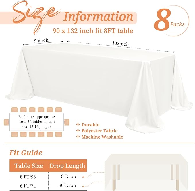 Showgeous 8 Pack Ivory Rectangle Tablecloths, 90 x 132 Inch, Wrinkle & Stain Resistant, Polyester, Perfect for 6 Foot Tables, Weddings, Birthdays, Everyday Use