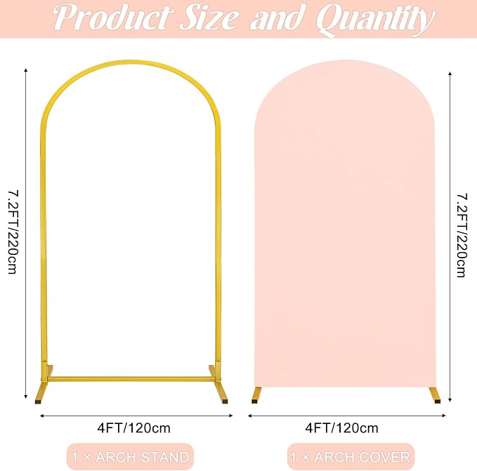 Metal Arch Stand and Cover Set,1 Light Pink Spandex Fitted Backdrop with 1 Gold Wedding Arched Stand Frame for Parties Birthday Baby Shower Bridal Banquet Decoration (7.2FT)