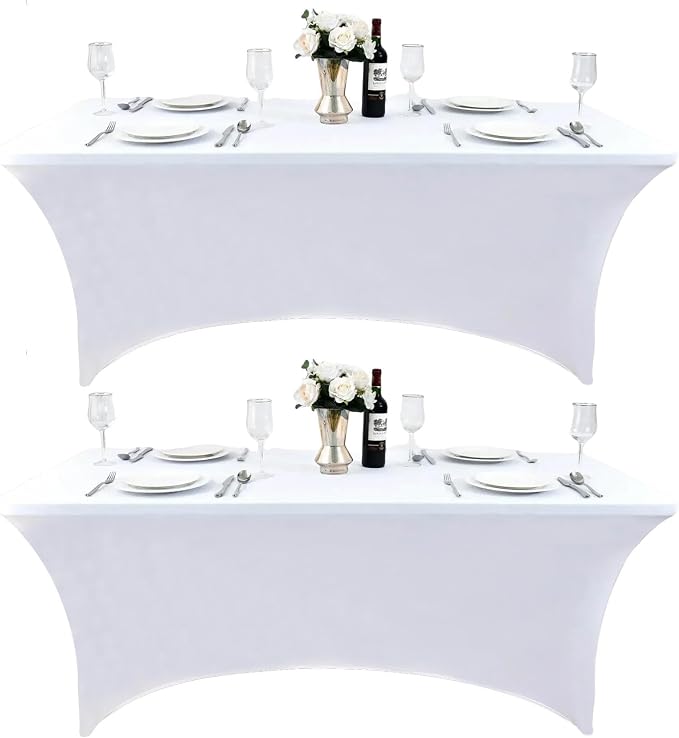 2-Pack 4ft White Spandex Table Covers for Rectangular Folding Tables - Wrinkle Resistant Stretch Tight Table Cloths - Ultimate Fitted Table Protector for Parties, Banquet, and Wedding