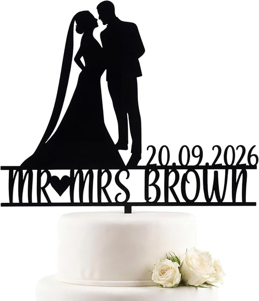 Personalized Mr. & Mrs. Wedding Cake Topper – Custom Bride & Groom Cake Decoration – Elegant Wedding Décor, Anniversary, Engagement Party (Design 4 (IP109), Black Acrylic)