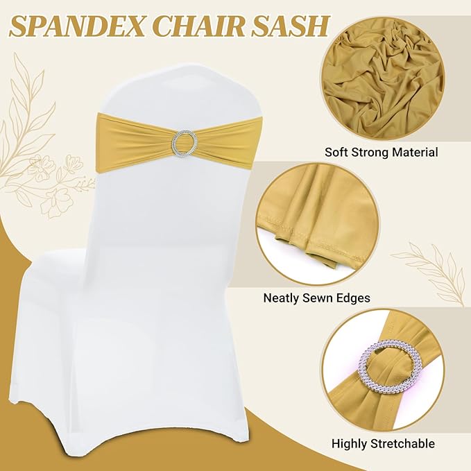 VDS - Gold | Spandex Chair Sashes Bows | 25 PCS | Stretch Elastic Banquet Universal Folding Chair Band Tie with Silver Buckle Slider for Wedding Party Conference Celebration Event Decoration