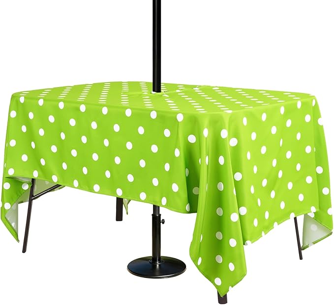 Poise3EHome 60X84 Outdoor Spillproof Rectangle Tablecloth with Umbrella Hole and Zipper for Camping Picnic Party Patio Table Spring, Green Polka Dot