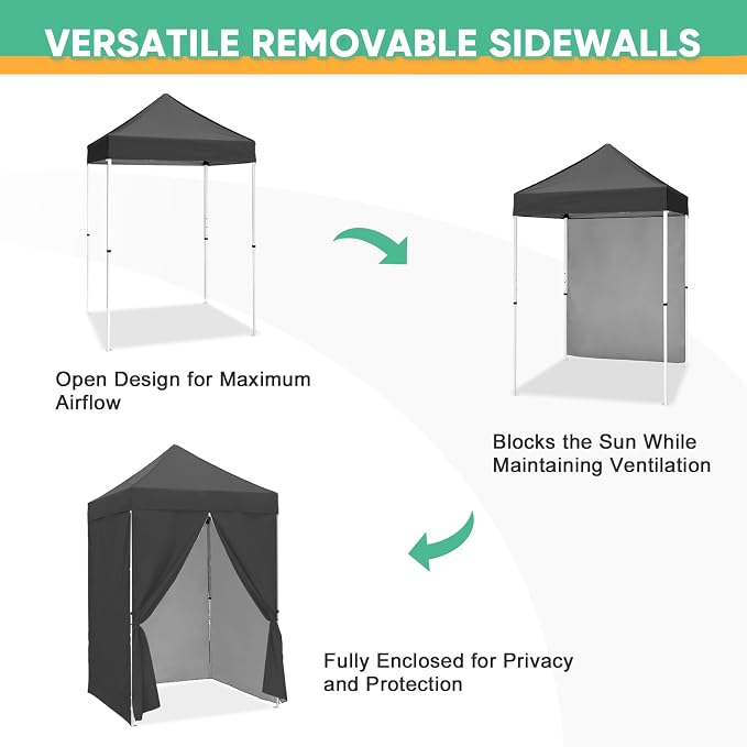5x5 Pop Up Canopy Tent with Four Sidewalls, Instant Portable Beach Canopy, Outdoor Tent with Carry Bag for Camping, Sports, Tailgating, Events, Gray