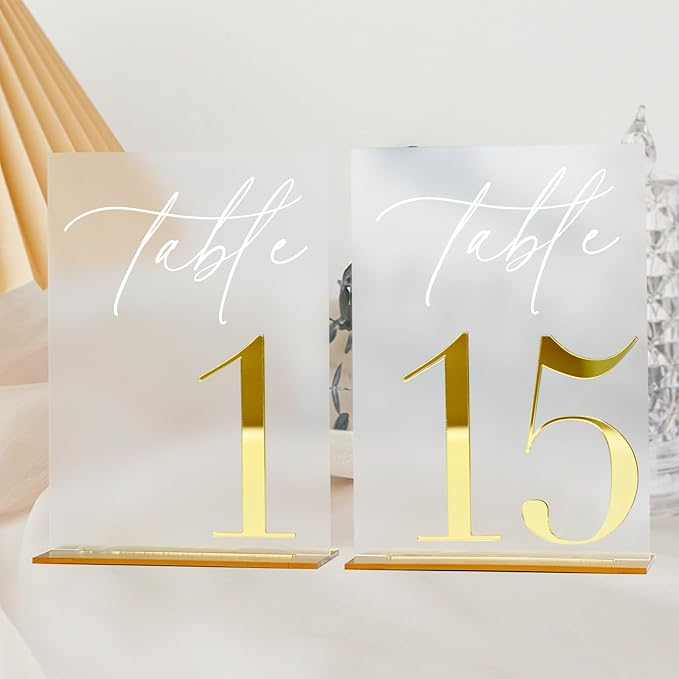 Acrylic Wedding Table Numbers 1-15 with Stands, 5"x7" Frosted Acrylic Signs with 3D Gold Mirror Numbers, Frosted and Gold 3D Table Numbers for Wedding Reception, Anniversary, Event