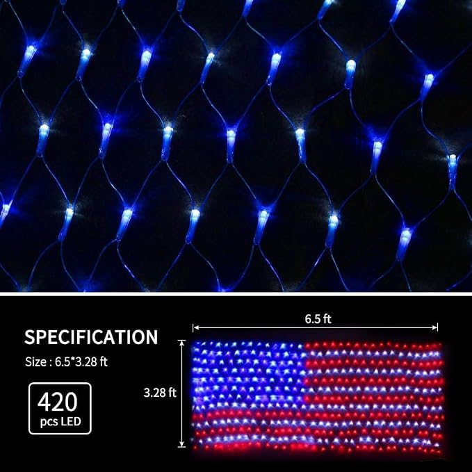 YULIANG LED American Flag Lights,6.5ft*3.2ft Waterproof Led Flag Net Light Outdoor for 4th of July Decorations,Independence Day,Memorial Day, Festival, Garden,Outdoor Christmas Decoration