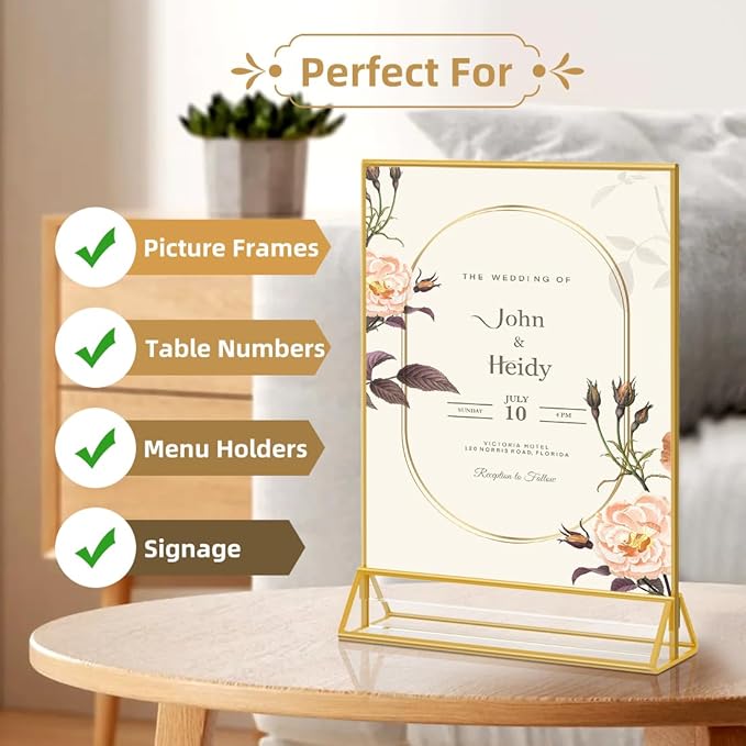 PPH-Sisy 5X7 Gold Frames Double Sided Acrylic Sign Holder Tabletop Picture Frames Vertical Display Stand for Shop School Home,Set of 6