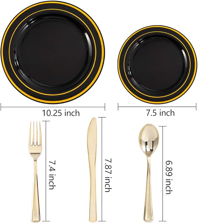 WDF 125Pieces Black Plates Disposable with Gold Rim & Disposable Gold Plastic Silverware for Halloween - 50 Graduation Plates - 25 Forks, 25 Knives, 25 Spoons (Pack of 2)