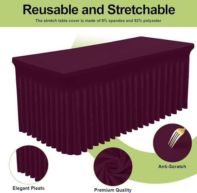 Smiry Spandex Tablecloth, Elastic Fitted Stretch Tablecloth for 8FT Rectangle Tables, Waterproof Washable Table Cover Skirt for Outdoor, Wedding, Banquet & Parties (Jujube Red, 96Lx30Wx30H Inch)