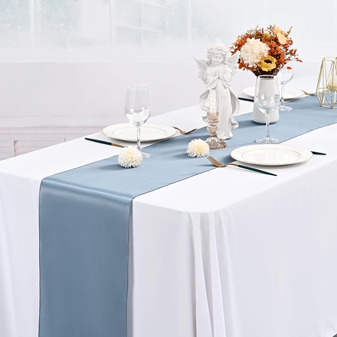 15 Pack Dusty Blue Satin Table Runners 12 x 108 Inch Long Table Runners for Rectangle Round Tables, Smooth Satin Table Runner for Wedding,Birthday Party Banquets Graduation Engagements Decoration