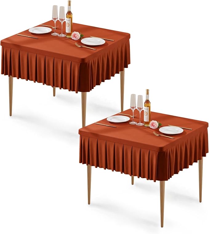 Wish Care 2 Pack Rust Spandex Tablecloths for 34x34 Inch Square Tables, Stretch Fitted Table Clothes with Pleated Ruffle Skirt for 34” Table, Wrinkle Free and Elastic, for Party Kitchen Home Dining