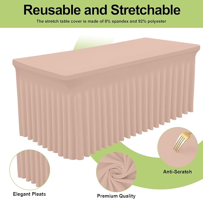 Smiry Spandex Tablecloth 2 Pack, Elastic Fitted Stretch Tablecloth for 6FT Rectangle Tables, Waterproof Washable Table Cover Skirt for Outdoor, Wedding, Banquet & Parties (Nude, 72Lx30Wx30H Inch)