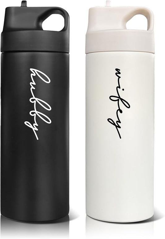 Hubby and Wifey Travel Cups - Honeymoon Essentials & Engagement Gifts for Couples - Matching Couples Water Bottle Set