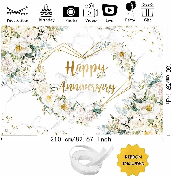 MEHOFOND 7x5ft Happy Anniversary Banner Backdrop, White Floral Wedding Anniversary Photography Background, Hearts Geometric Couple Wedding Bridal Shower Women Party Decorations Cake Smash Photo Props