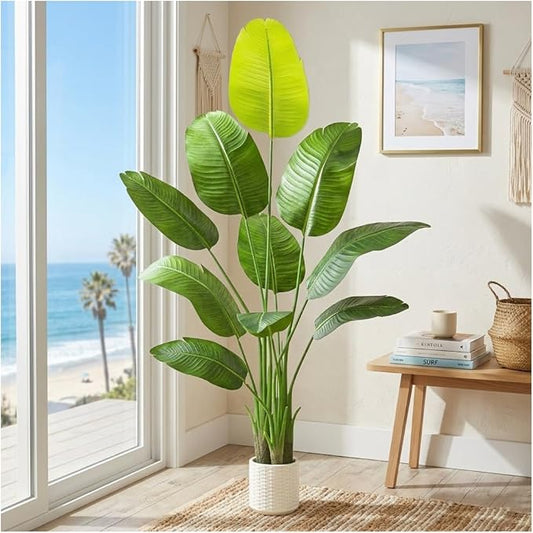 Artificial Bird of Paradise Plant: 6FT Faux Traveler's Palm Fake Banana Tree Elephant Ear Leaf Tall Silk Floor Plant in White Pot for Home Decor Indoor Office Entryway Balcony Patio Cafe Hotel