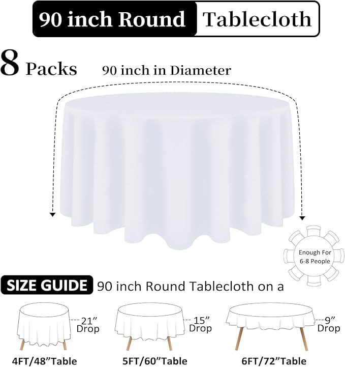 8 Pack White Round Tablecloth 90 Inch White Table Cloth Stain and Wrinkle Resistant Reusable and Washable Polyester Fabric Table Covers for Buffet Wedding Party and Banquet