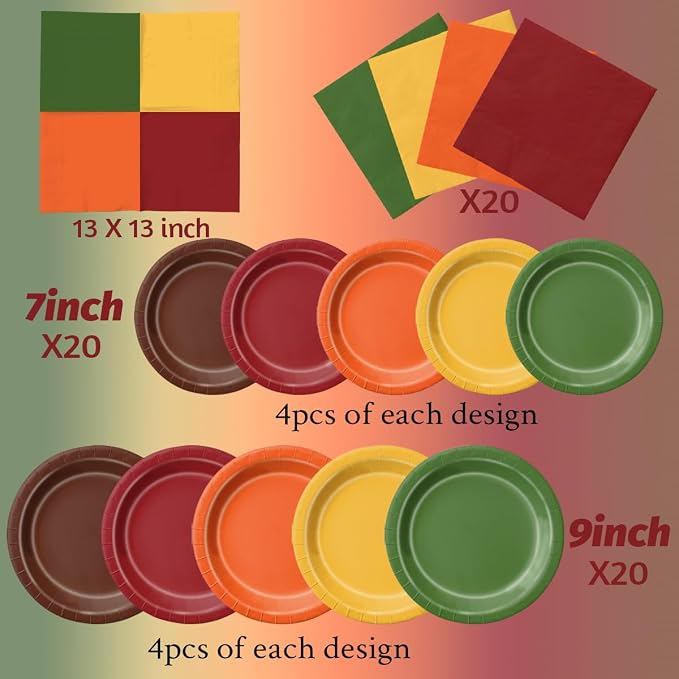 CMUSKO 60pcs Fall Plates and Napkins - Autumn Harvest Leaves Color Tableware Set for Thanksgiving, Birthday, Wedding