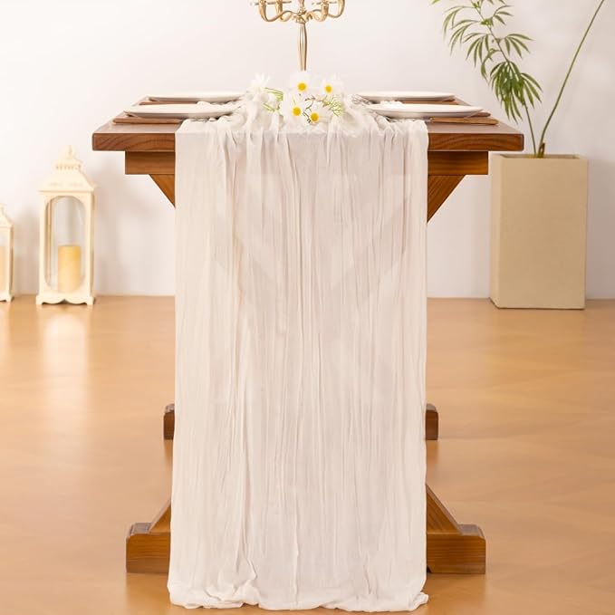 Socomi 2pcs Ivory White Cheesecloth Table Runner Easter Spring Boho Rustic Gauze 120 inch 10FT Cheese Cloth Runner for Wedding Party Baby Shower Birthday Home Decor Holiday Decorations