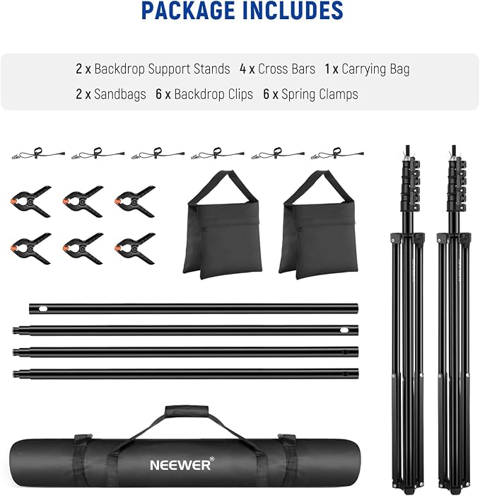 NEEWER 8.5x10ft Adjustable Backdrop Stand Kit, Photography Background Support System with 4 Crossbars, 6 Spring Clamps, 6 Backdrop Clips, 2 Sandbags, and Carrying Bag for Photo Video Party Ceremony
