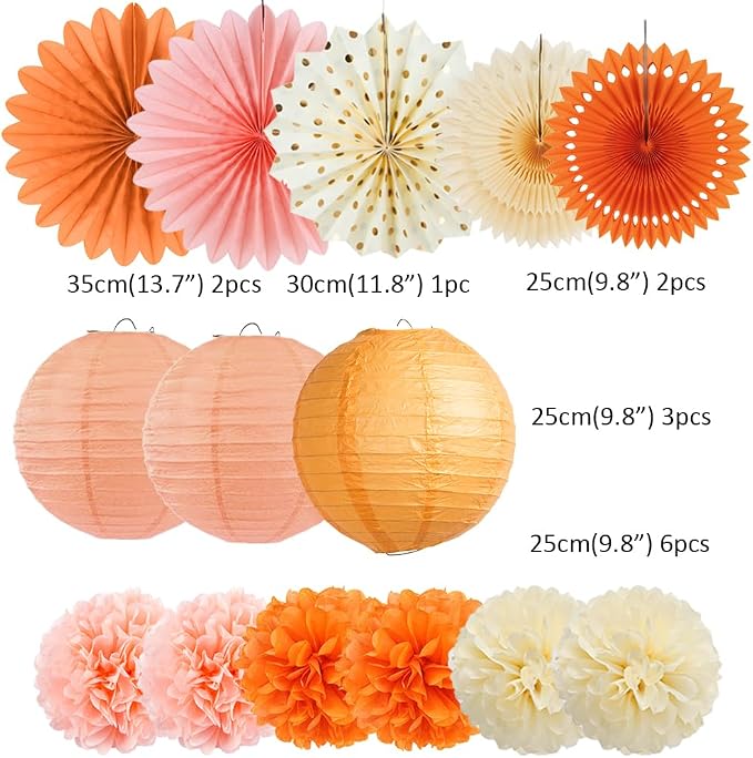 Beige Orange Peach Fall Party Decorations Boho Orange Peach Birthday Decorations Paper Fans Lanterns Peach and Cream Party Decorations for Autumn Baby Shower Bridal Shower Wedding Engagement Party