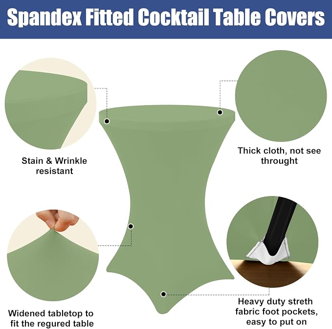 Moosfor Spandex Cocktail Table Covers 4 Pack, Elastic Fitted Stretch Table Cloth, Round High Top Tablecloths for Bar, Party, Pub, Wedding & Banquet (Sage Green, 32x43 Inch)