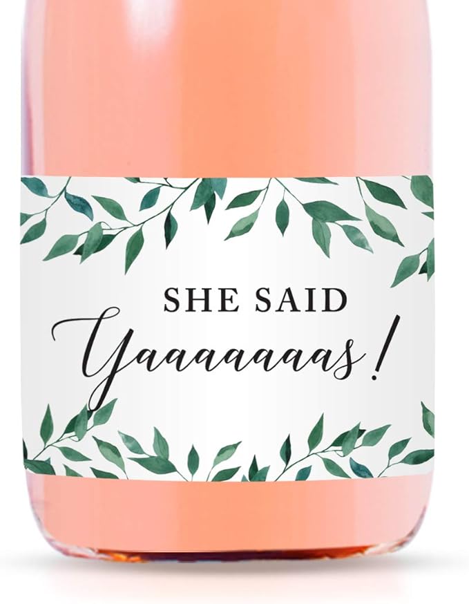 Andaz Press Mini Champagne Wine Bottle Labels, She Said Yaaaaaaas!, Greenery Green Leaves, 20-Pack, Mini Champagne Favor Gift Labels Stickers Bridal Shower Bachelorette