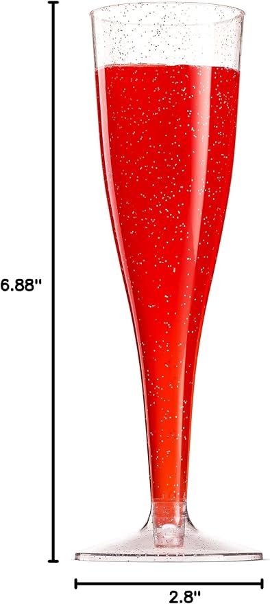 Munfix 100 Plastic Champagne Flutes - 5 Oz Disposable Silver Glitter Champagne Glasses for Parties, Mimosa Bar, Events, Wedding and Shower Party Supplies - Toasting Cocktail Cups