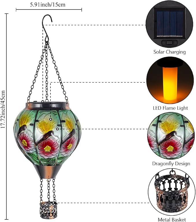 STARSOUL Dragonfly Solar Hot Air Balloon Lantern with Flickering Flame, Hanging Solar Lantern Outdoor Waterproof, Hot Air Balloon Solar Light Decorations for Garden Yard Lawn Porch Porch Backyard