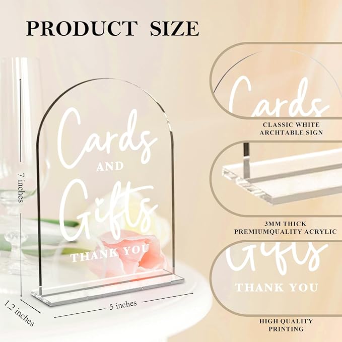 4 Pcs Acrylic Wedding Signs for Ceremony and Reception, Bridal Shower Decorations, Cards and Gifts Signs, Guest Book Sign, Arch Acrylic Table Top Sign with Holder for Wedding Reception (Clear)
