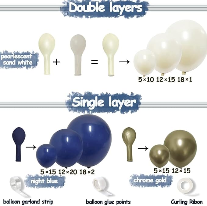 Navy Blue Balloon Garland Double Stuffed Pearl White Royal Blue Balloons Dark Navy Gold Balloon Arch Kit for Birthday Baby Shower Wedding Graduation Father's Day Party Decor