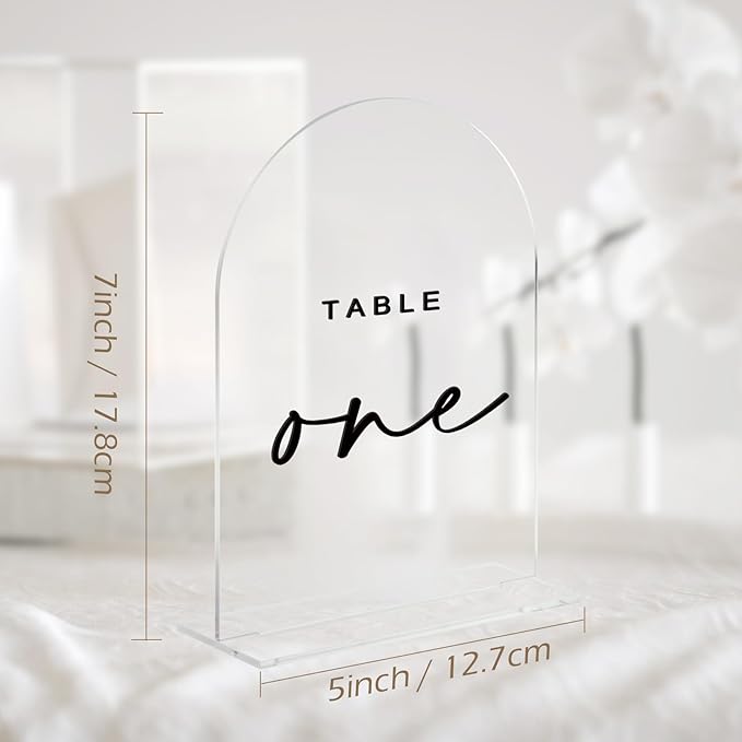 Clear Wedding Table Numbers 1-15 with Stands, 5x7 Inch Clear Arched Table Sign with Raised Black Numbers, Acrylic Arch Table Numbers for Wedding Reception, Party, Banquet and Event