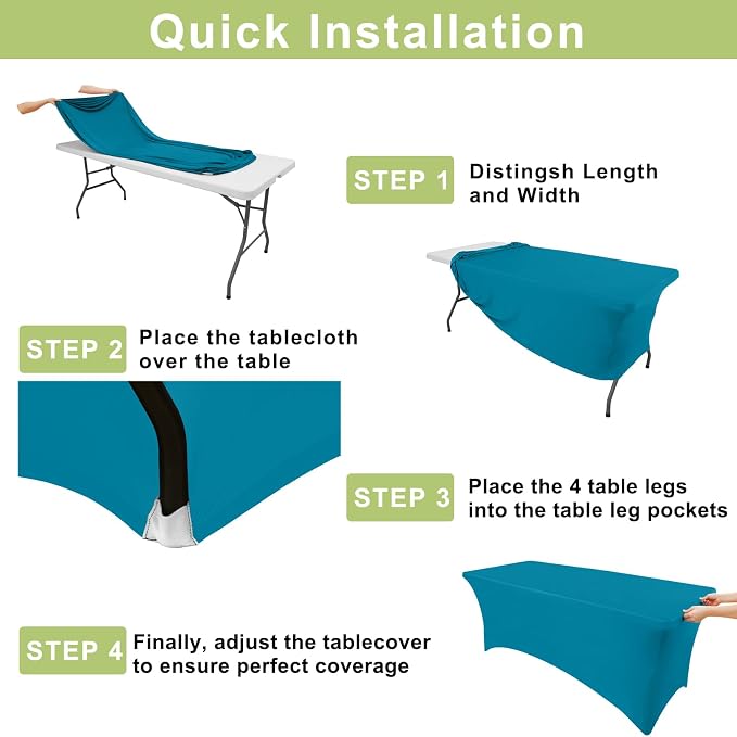 Moosfor Spandex Elastic Fitted 8FT Rectangle Tablecloth 6 Pack, Stretch Washable Reusable Table Cover for Outdoor Picnic, Dining, Wedding, Banquet & Party Events (Turquoise, 96Lx30Wx30H Inch)