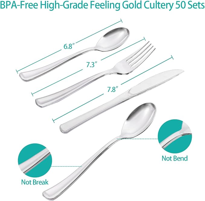 350PCS Teal Birthday Decorations and Silver Party Decorations for Wedding Princess,Teal Plates with Silverr Dot and Silverr Plastic Cutlery Serve 50 Guests