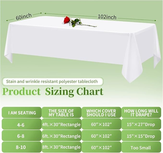 12 Pack White Tablecloths for Rectangle Tables Stain and Wrinkle Resistant Washable Polyester Tablecloth 60 x 102 Inch Table Cloth Rectangle Table 6 Foot Rectangle Table Cloth for Wedding Party