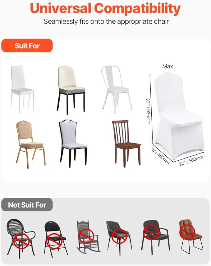 VEVOR 100 Pcs White Chair Covers Polyester Spandex Chair Cover Stretch Slipcovers for Wedding Party Dining Banquet Flat-Front Chair Covers