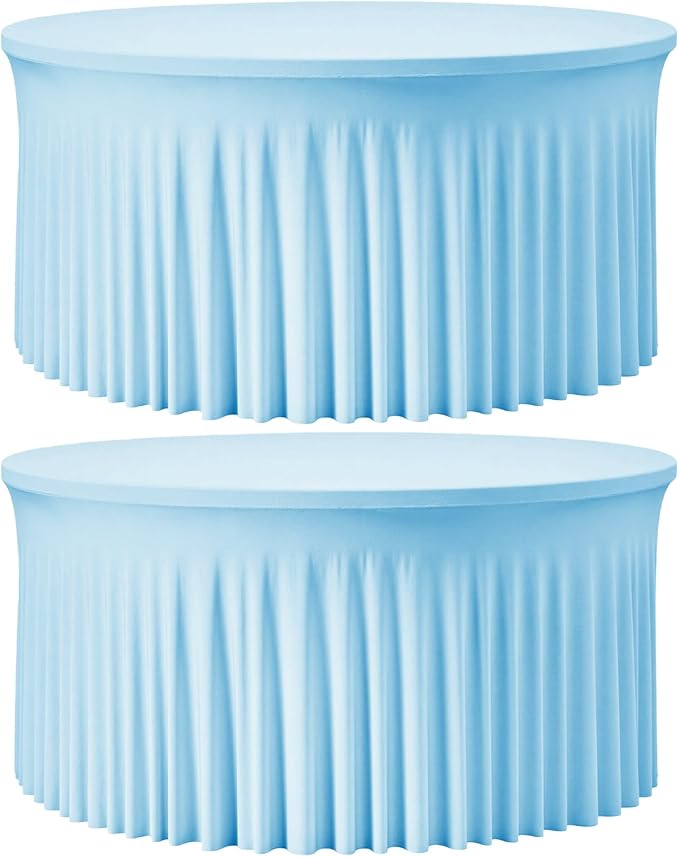 2 Pack Baby Blue 60 inch Round Spandex Tablecloth, Washable Stretchy Fitted 5FT Round Tables,Elastic Edge with Skirt, Wrinkle-Free Table Cloths for Wedding Banquet Party Birthday Buffet