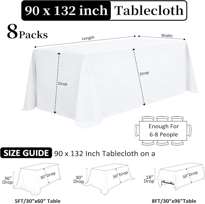 8 Pack White Table Cloth 90 x 132 Inch Rectangular Tablecloths for 6 Foot Rectangle Tables, Wrinkle Resistant White Tablecloth Washable Polyester Fabric Table Covers for Party Wedding Banquet